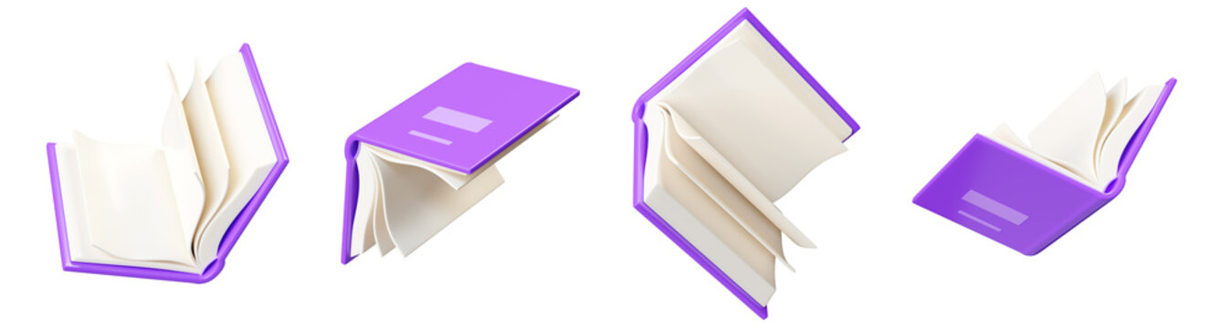 Open paper book with purple hardcover flying in air in different angles of rotation in 3D render illustration set.