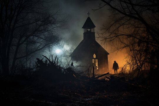 Silhouette devant une vieille chapelle dans le brouillard et la nuit » IA générative