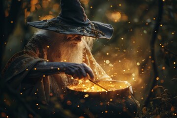 Un vieux sorcier barbu devant une potion magique &raquo; IA g&eacute;n&eacute;rative