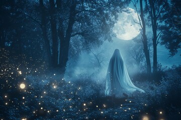 Fantôme dans une forêt sombre un jour de pleine lune » IA générative - obrazy, fototapety, plakaty