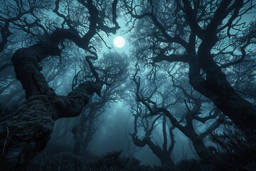 Une forêt sombre une nuit de pleine lune » IA générative - obrazy, fototapety, plakaty