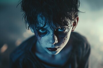Gros plan sur un garçon déguisé en zombie dans un monde sombre » IA générative