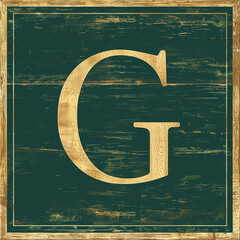 Vintage, distressed letter "G" in gold on a green background. Rustic, weathered lettering.