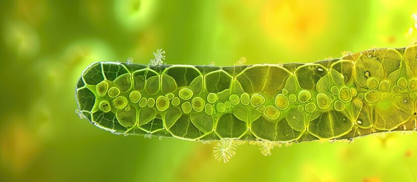 A detailed view of a green plant showcasing numerous leaves and highlighting the cell wall chloroplast and pyrenoid of Spirogyra.