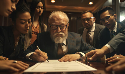 An old man with smart suit is signing papers surround by happy people