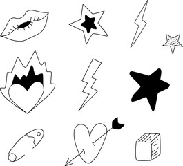 Hand drawn 90s aesthetic doodles set. Stars, hearts, lightning and lips line vector illustration. Teens stuff drawings for sticker, decoration.