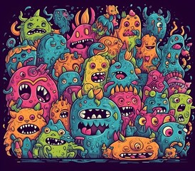 Many monsters, doodle art style, colorful, funny, neon watercolors
