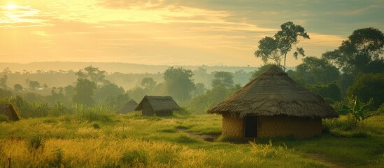 A captivating view of huts in the serene Bor Bor landscapes amidst a grassy field. - obrazy, fototapety, plakaty