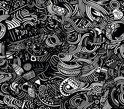 black and white tribal doodle with patches of sprayed colours, in the style of uhd image, illustration, high quality photo, layered textures, shapes, squiggly line style
