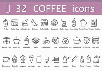 Coffee icons set, vector flat black outline illustration of coffee and cafe icons - 740343545
