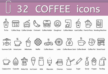 Coffee icons set, vector flat black outline illustration of coffee and cafe icons - 740343547