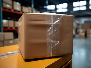 Closeup of the edge of an clean package in a storage hall
