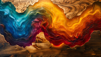 Abstract wood and colored epoxy resin texture background. Captivating image for printing. Contemporary art. Intricate details. Rich colors