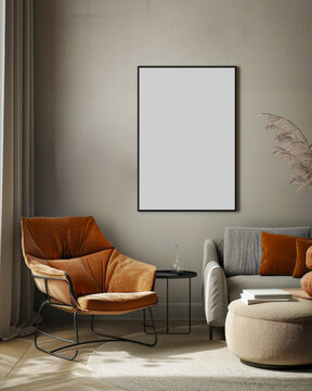 Wall art vertical frames mockup display in a living room with beige wall loft industrial style