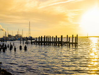 Sail Boats and Pier on The Amelia River at Sunset, Fernandina City, Amelia Island, Florida, USA