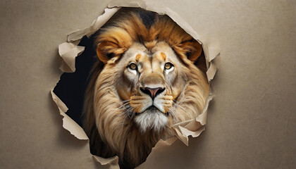 portrait of a lion looking up in paper side torn hole isolated - obrazy, fototapety, plakaty
