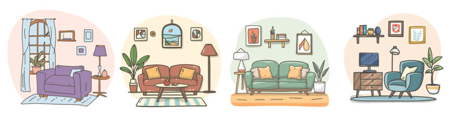 Set of interior scenes in a cute doodle style. Cozy living room with armchairs, sofa, windows, house plants, carpet, lamp and wall arts. Vector colorful cartoon illustrations.