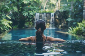 A woman peacefully swims in a pool, surrounded by lush greenery, with a majestic waterfall in the background