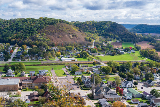 overlooking rushford from magelssen bluff park and bluffs on horizon in driftless region of southern minnesota