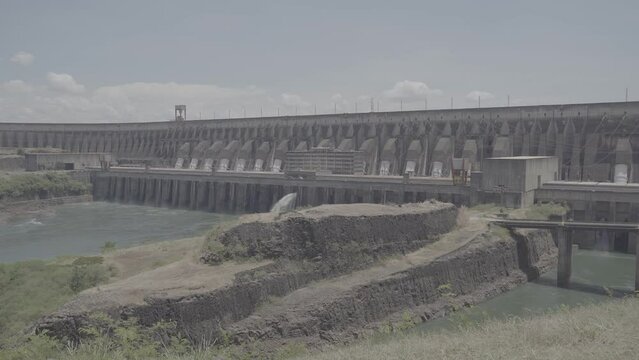 Itaipu Binacional Hydroelectric Power Plant - view from the central viewpoint, open plan on the Brazilian side. Sony S-log3 4k 30fps