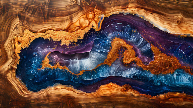 Abstract wood and colored epoxy resin texture background. Captivating image for printing. Contemporary art. Intricate details. Rich colors