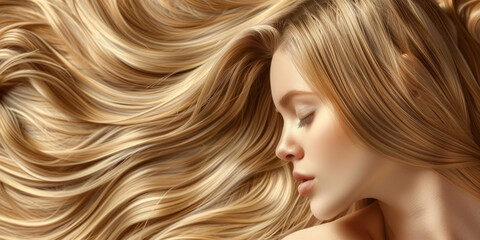 Banner for a hair salon featuring glossy, wavy, beautiful black hair on a young woman with long, healthy hair.