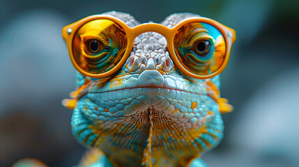 Vibrant Laid back Chameleons with sunglasses in a photo studio light and background, chill and relaxed colorful lizard Profile head shot, spiritual close up sunglasses advertising  