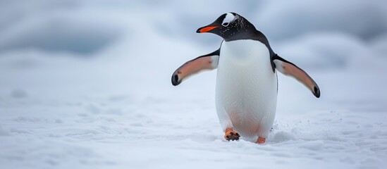 Fototapeta premium A flightless bird, the penguin is perched on a snowy terrain, showcasing its balance with its webbed feet and beak, blending into the wildlife surroundings
