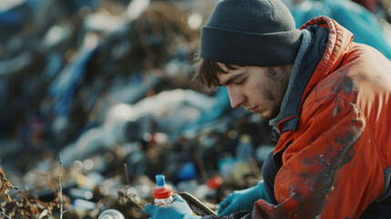 Naklejka premium Close-up of a young volunteer, emphasizing global pollution concerns while cleaning up trash.Pollution Concept