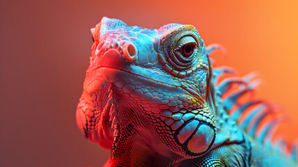 Vibrant Laid back Chameleons in a photo studio light and background, chill and relaxed colorful lizard Profile head shot, spiritual close up  - obrazy, fototapety, plakaty