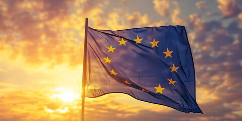 Close-Up of EU Flag Waving Against Sunset Sky