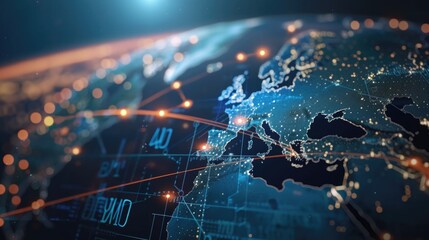 Fototapeta premium Digital world globe, concept of global network and connectivity on Earth, high speed data transfer and cyber technology