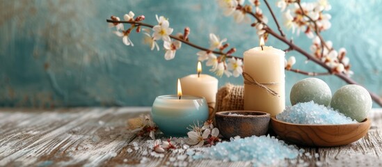 Beautiful Easter eggs and glowing candles arranged on wooden surface