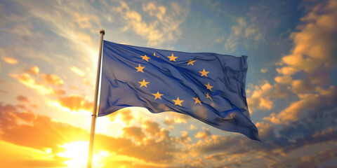 European Union Flag in the Sunset Breeze - obrazy, fototapety, plakaty