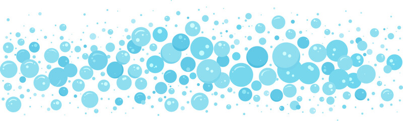 Cartoon soap bubble water, blue foam background, carbonated border, abstract suds pattern. Effervescent air ball stream. Soda pop, fizzy drinks, bath shampoo splash. Vector illustration - obrazy, fototapety, plakaty