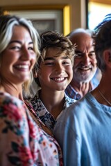 Fototapeta premium Portrait of happy family standing together in a restaurant and having fun