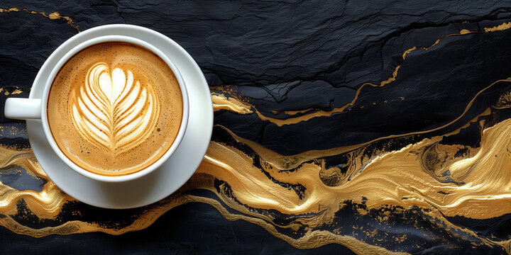 White cup with latte on a patterned blue background with gold pattern, latte art