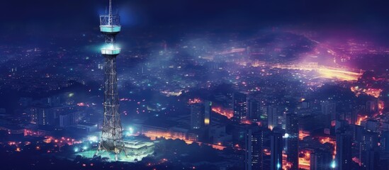 Telecommunication and wireless internet base station antenna tower on night city background