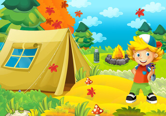 Obraz na płótnie Canvas cartoon scene with young kid traveling in the nature childhood cheerful scout illustration for children