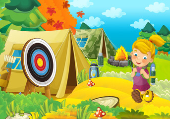 cartoon scene with young kid traveling in the nature childhood cheerful scout illustration for children