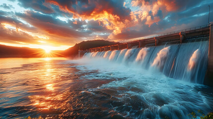 Dramatic sunset skies over a hydroelectric dam's powerful spillway, with cascading water reflecting the sun's warm glow.