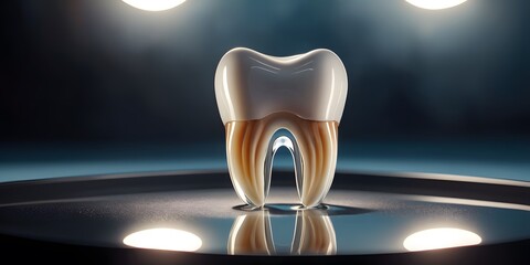 A tooth is resting on a reflective surface atop a table, showcasing its intricate details under the bright light of a nearby lamp