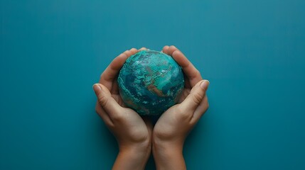 Two hands cradling a creatively painted earth globe against a vibrant blue backdrop, symbolizing environmental care..