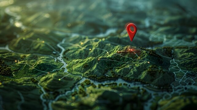 A red location pin highlights a destination on a three-dimensional topographic map with illuminated paths.