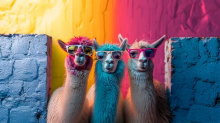Schilderijen op glas Cool vibes emanate as a stylish llama, wearing colorful sunglasses, strikes a relaxed pose in a photo studio illuminated by dynamic blue and pink lights, resulting in a captivating headshot profile © Marc