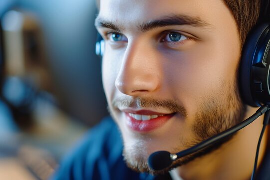 Gros plan d'un jeune t&eacute;l&eacute;conseiller aux yeux bleus &raquo; IA g&eacute;n&eacute;rative