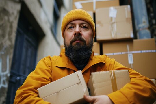 Livreur de colis barbue en tenue jaune &raquo; IA g&eacute;n&eacute;rative