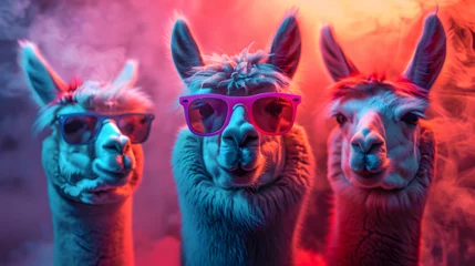 Zelfklevend Fotobehang With the sun casting a warm glow, three chic llamas don colorful sunglasses, presenting a cool and laid-back demeanor in their headshot profiles, set against the serene beauty of a sun-kissed evening © Marc