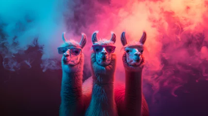 Poster Cool vibes emanate as a stylish llama, wearing colorful sunglasses, strikes a relaxed pose in a photo studio illuminated by dynamic blue and pink lights, resulting in a captivating headshot profile © Marc