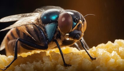 A macro photograph of a fly, a membranewinged insect, on a piece of food. The arthropod is a terrestrial animal known as a pollinator and often considered a parasite